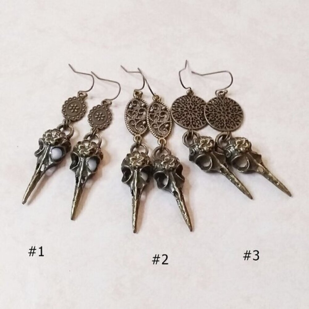 Bronze Bird Skull Earrings - Goth Pagan Raven Crows Occult Forest Witch Goddess - Picture 10 of 10